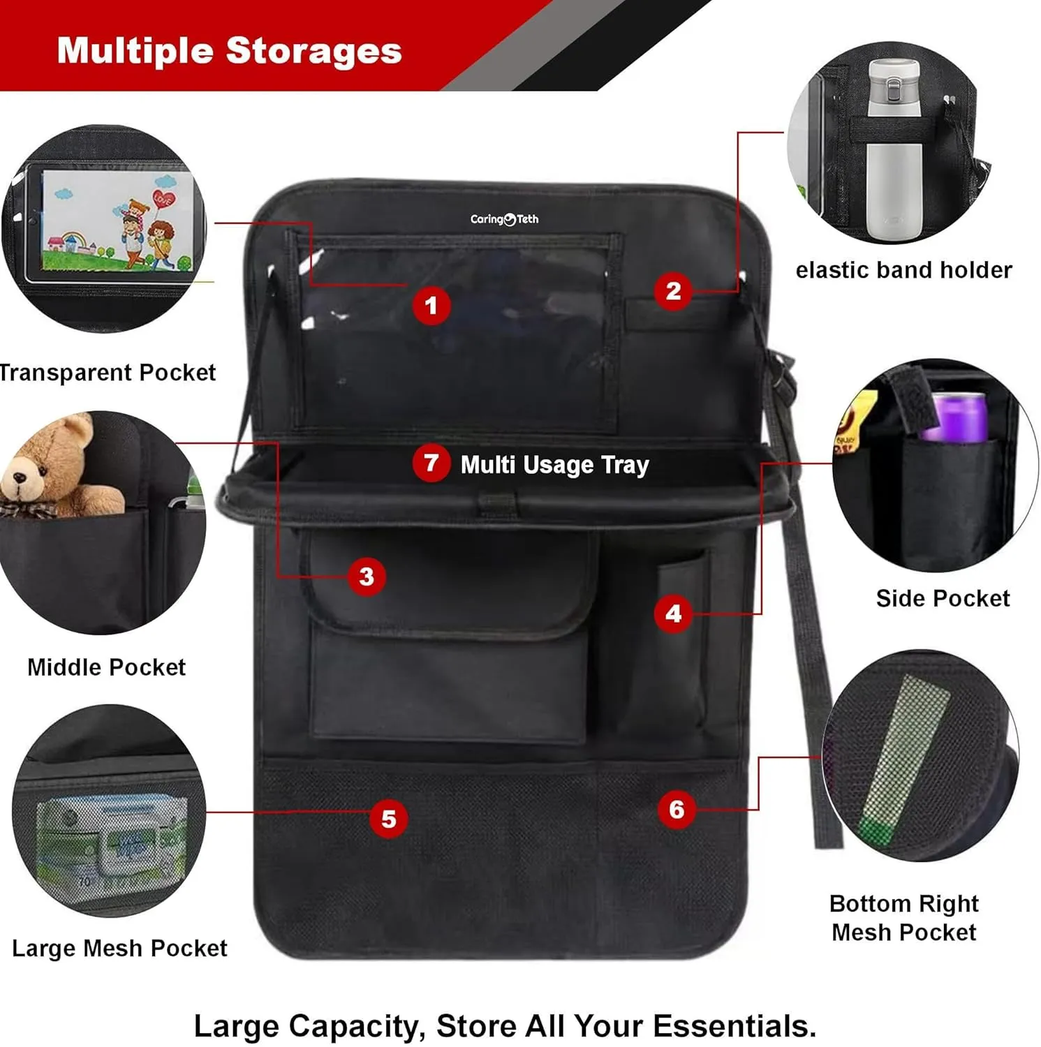 Back Seat Car Organizer with Foldable Tray & Large Pockets | Multi-Use Backseat Car Organizer, Seat Back Protector Kick Mats, Tablet Holder & Kids Road Trip Essentials (Black, 2PCS)