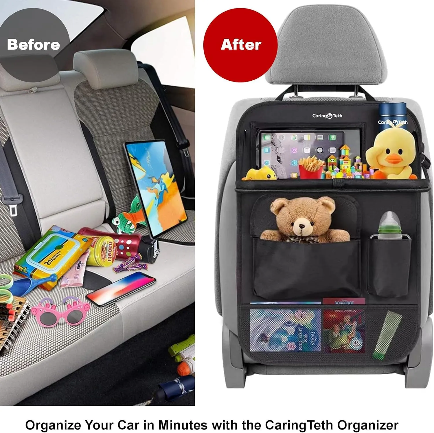 Back Seat Car Organizer with Foldable Tray & Large Pockets | Multi-Use Backseat Car Organizer, Seat Back Protector Kick Mats, Tablet Holder & Kids Road Trip Essentials (Black, 2PCS)