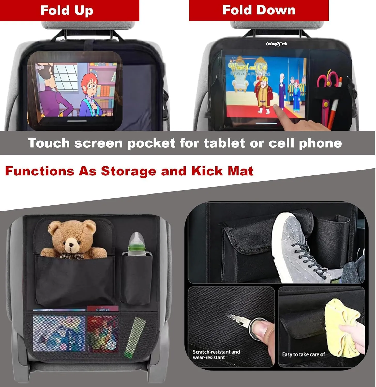Back Seat Car Organizer with Foldable Tray & Large Pockets | Multi-Use Backseat Car Organizer, Seat Back Protector Kick Mats, Tablet Holder & Kids Road Trip Essentials (Black, 2PCS)