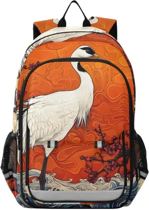 Backpack Crane Waves Cherry for Women Men Travel Laptop Backpacks Daypack Book Bag Daypack with Reflective Strip 12.9” × 17.7”