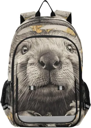 Backpack Floral Cute Beaver for Women Men Travel Laptop Daypack Shoulder Bag Book Bag Daypack with Reflective Strip 12.9” × 17.7”