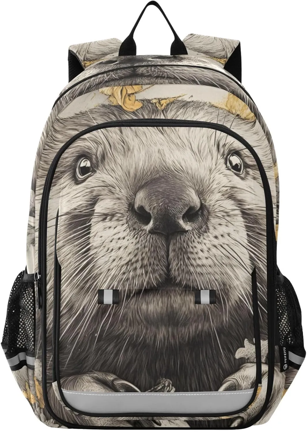 Backpack Floral Cute Beaver for Women Men Travel Laptop Daypack Shoulder Bag Book Bag Daypack with Reflective Strip 12.9” × 17.7”