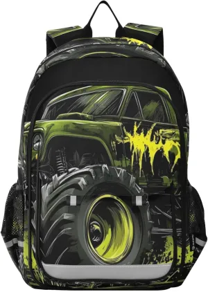 Backpack Green Monster Truck for Women Men Travel Laptop Daypack Shoulder Bag Book Bag Daypack with Reflective Strip 12.9” × 17.7”