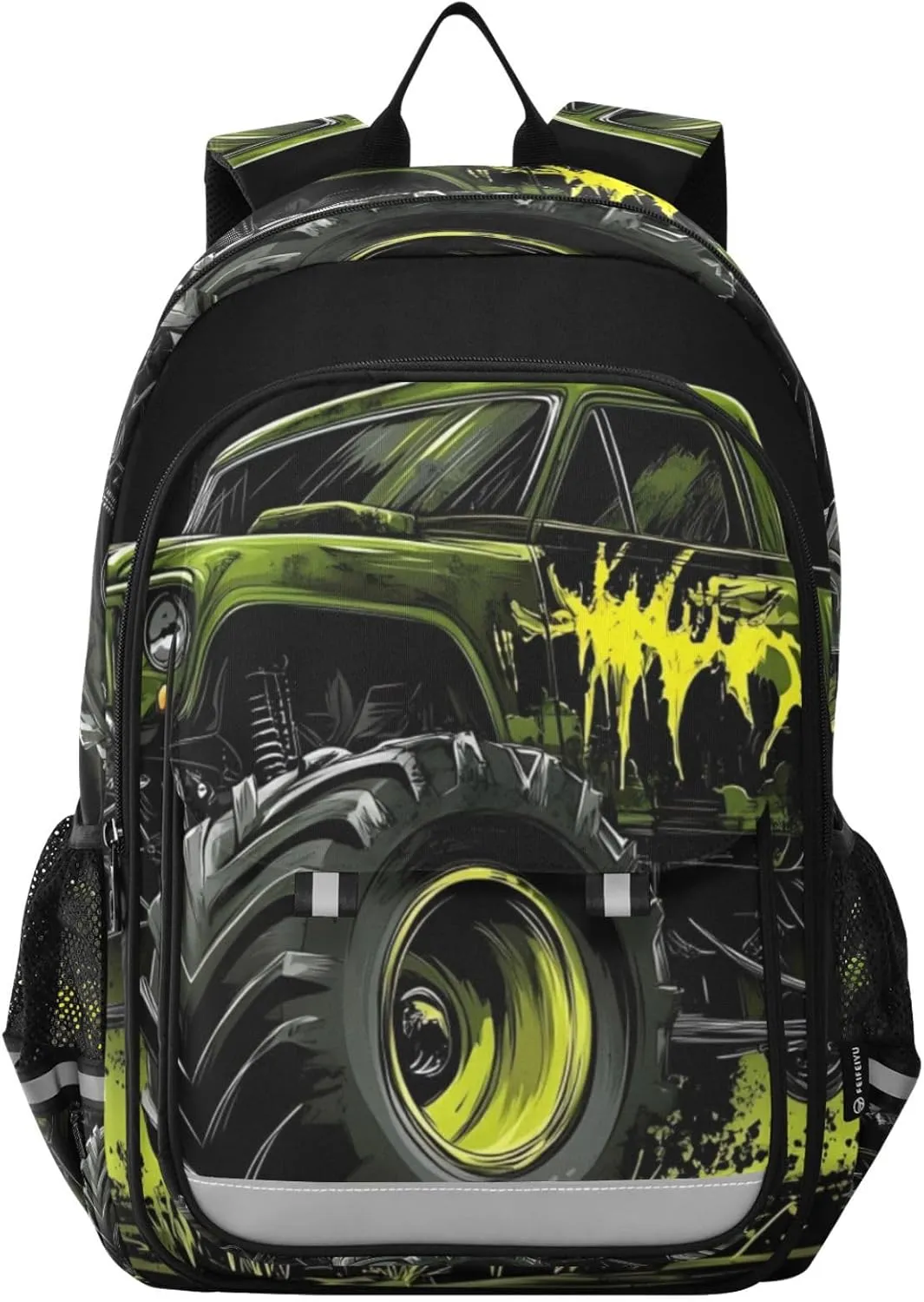 Backpack Green Monster Truck for Women Men Travel Laptop Daypack Shoulder Bag Book Bag Daypack with Reflective Strip 12.9” × 17.7”