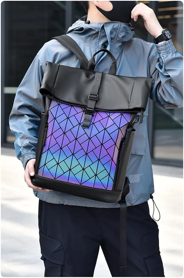 Backpack men's backpack simple casual backpack large capacity computer backpack fashionable laser backpack (Colorful diamond grid style)