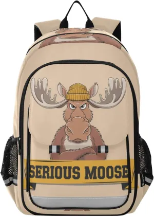 Backpack Moose Serious Funny for Women Men Travel Laptop Daypack Shoulder Bag Book Bag Daypack with Reflective Strip 12.9” × 17.7”