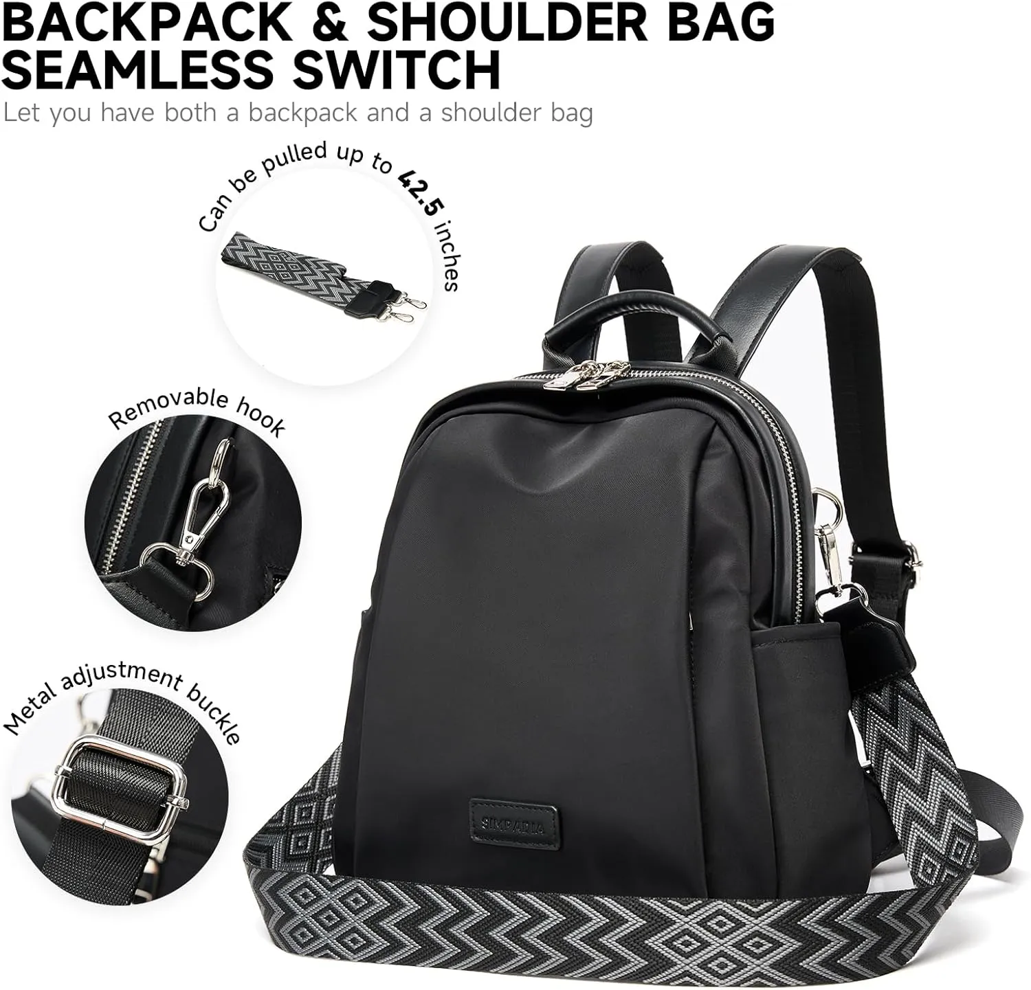 Backpack Purse for Women Anti-theft bag for Ladies Waterproof Convertible Travel Shoulder Bag Lightweight (Black)