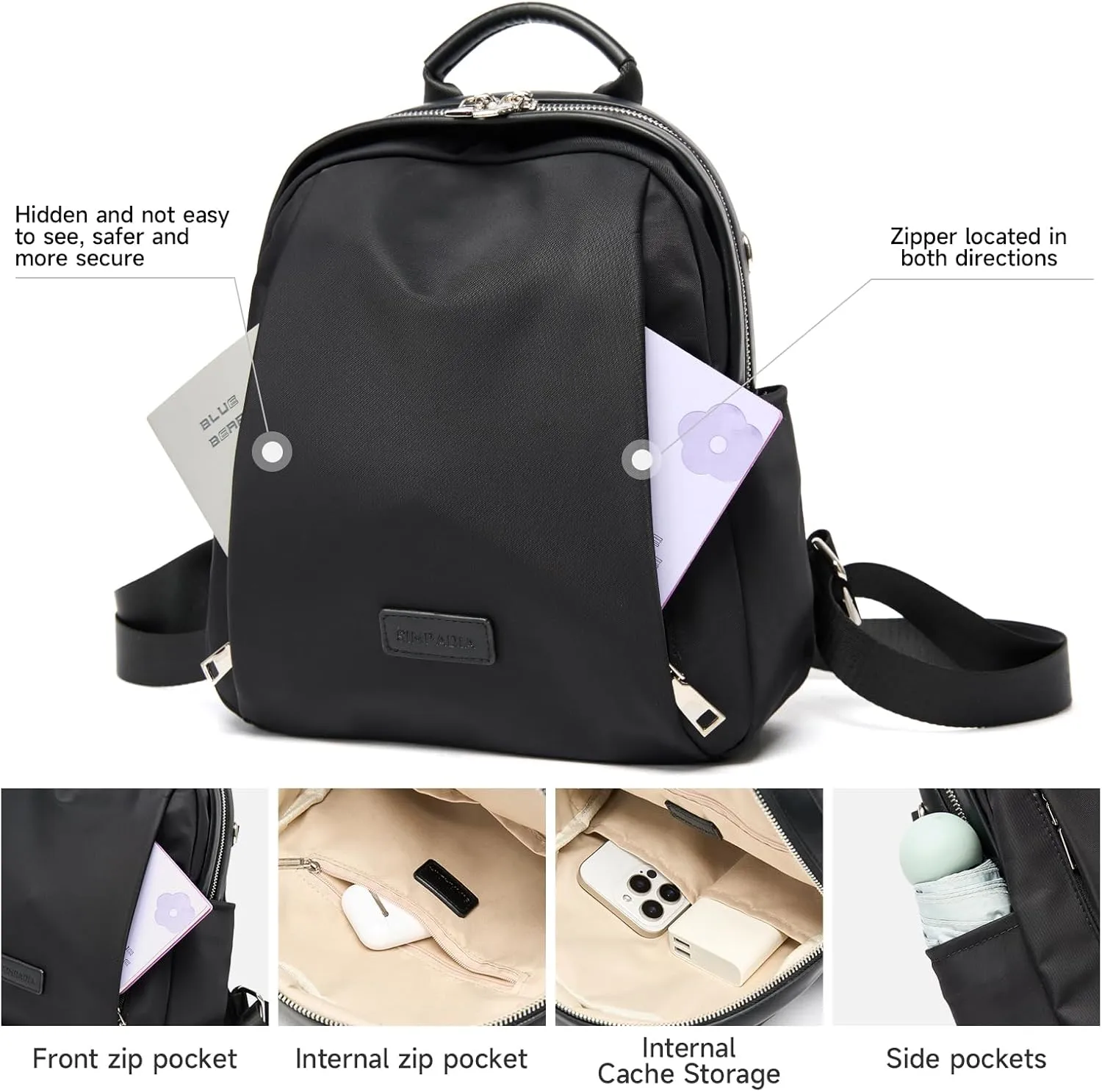 Backpack Purse for Women Anti-theft bag for Ladies Waterproof Convertible Travel Shoulder Bag Lightweight (Black)