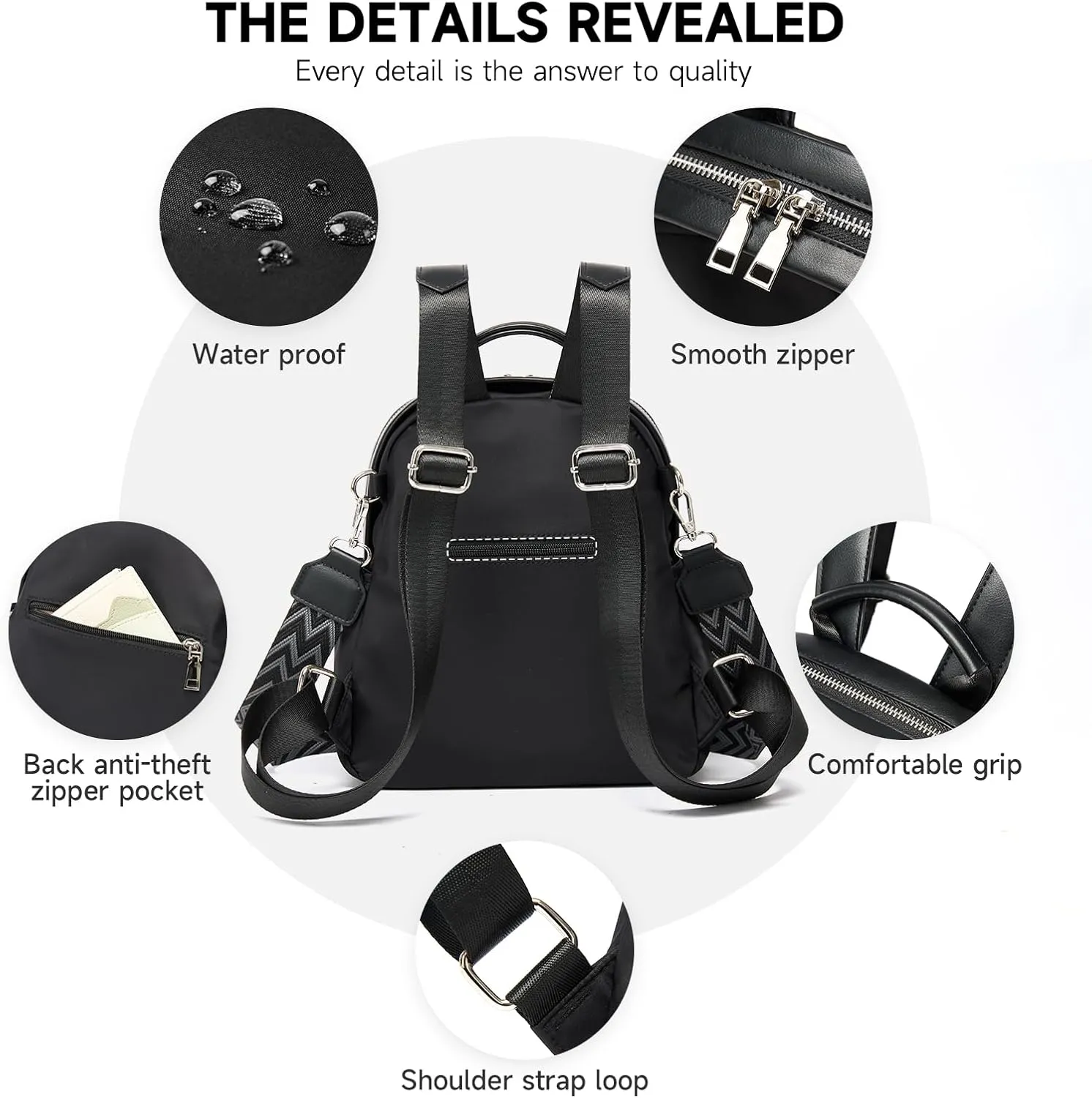 Backpack Purse for Women Anti-theft bag for Ladies Waterproof Convertible Travel Shoulder Bag Lightweight (Black)