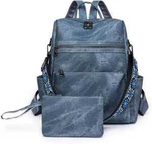 Backpack Purse for Women, Waterproof PU Leather Back pack, Anti-Theft Women Backpack, Lightweight Fashion Multipurpose Shoulder Bag Handbag, Blue