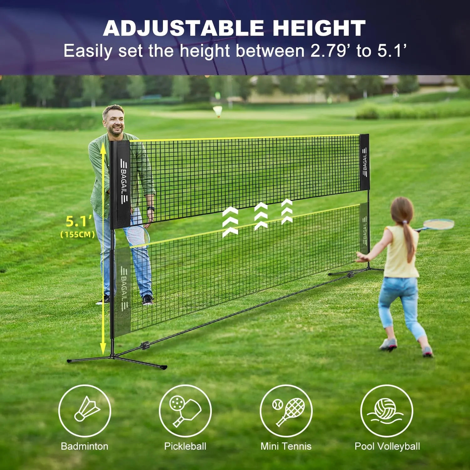 BAGAIL Badminton Net, Height Adjustable Kids Volleyball Net, Foldable Nylon Net 10 ft/14ft/17ft Wide, Tennis Net, Small Pickleball Net for Backyard Game and Indoor Outdoor Use, Easy Setup