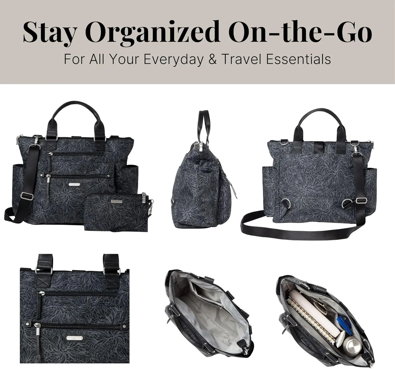 Baggallini 3-in-1 Convertible Backpack Handbag 15x12 Lightweight Travel Bag Crossbody Zippered Tote W/RFID Phone Wristlet