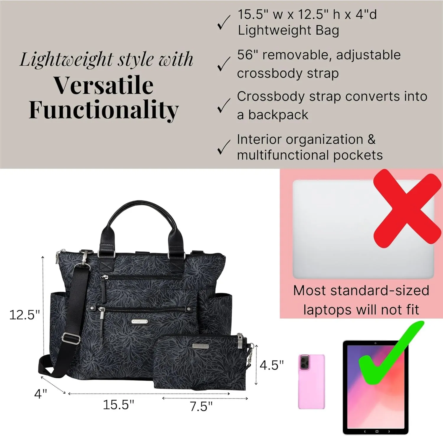 Baggallini 3-in-1 Convertible Backpack Handbag 15x12 Lightweight Travel Bag Crossbody Zippered Tote W/RFID Phone Wristlet