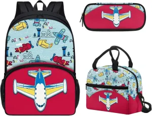 Bags for School Aircrafts Backpack Kids 3 Piece Girls Backpack Kids School Bookbag Set for Teen Girls Elementary Students Casual Back Pack with Lunch Box
