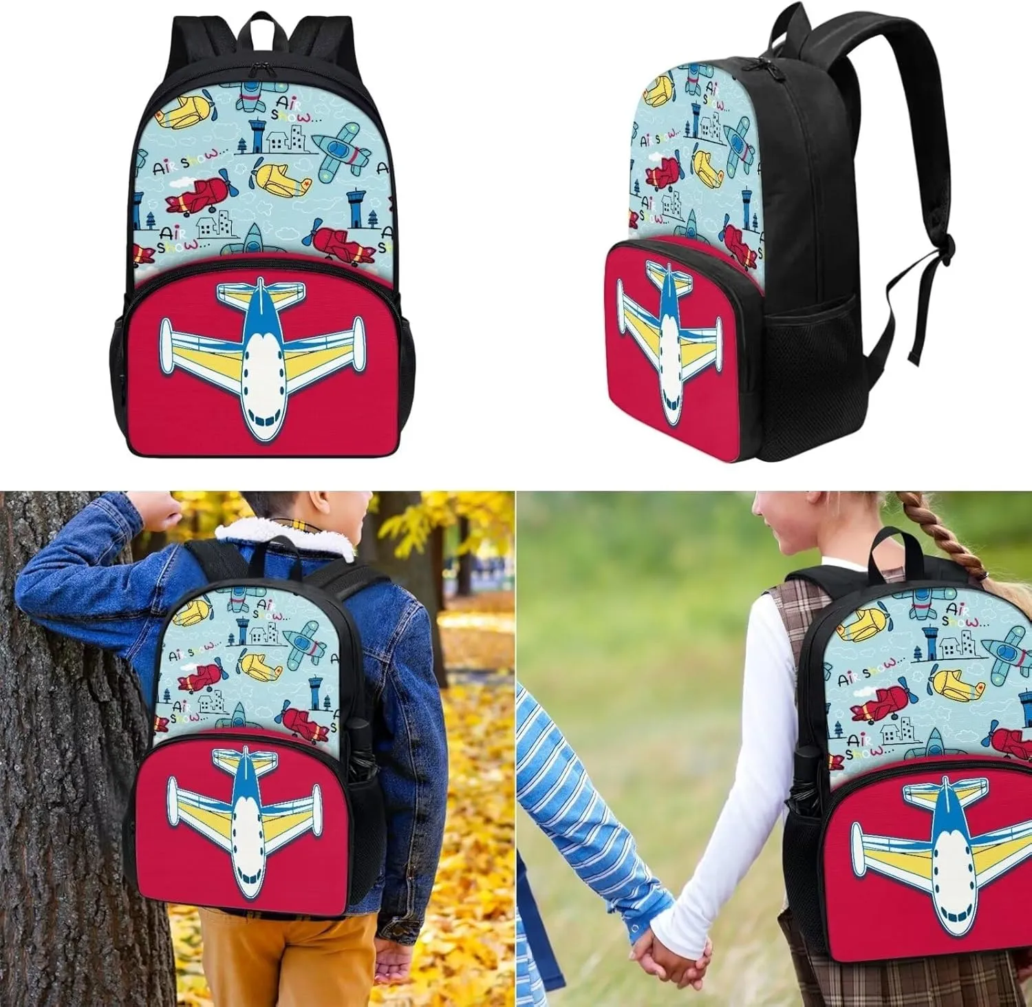 Bags for School Aircrafts Backpack Kids 3 Piece Girls Backpack Kids School Bookbag Set for Teen Girls Elementary Students Casual Back Pack with Lunch Box