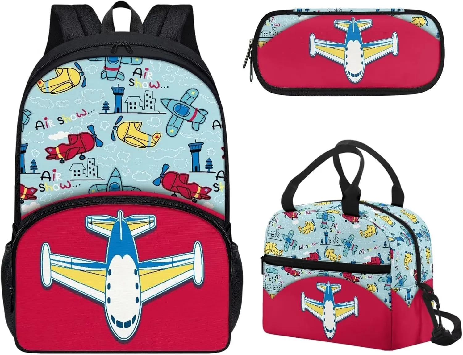Bags for School Aircrafts Backpack Kids 3 Piece Girls Backpack Kids School Bookbag Set for Teen Girls Elementary Students Casual Back Pack with Lunch Box