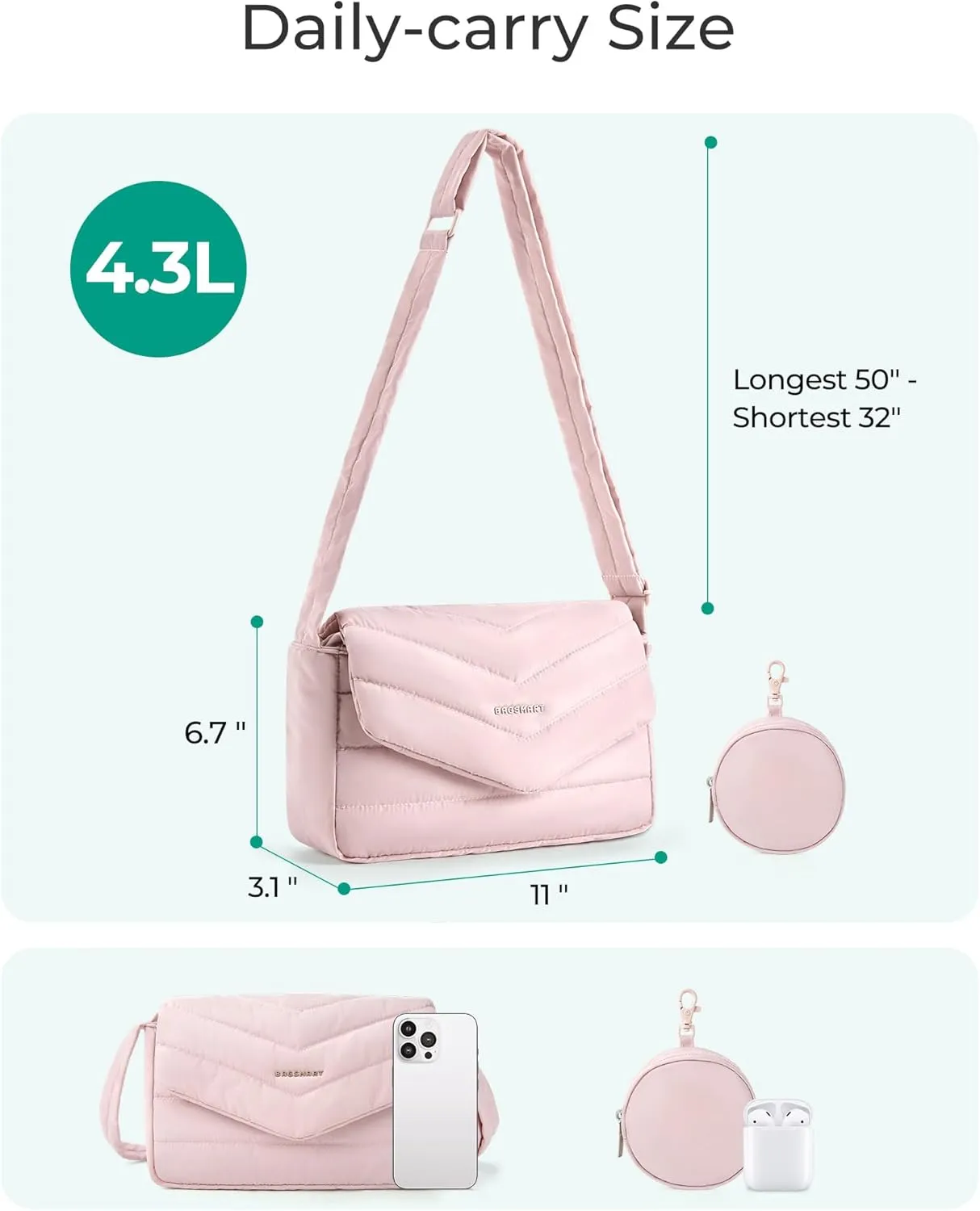 BAGSMART Crossbody Bags for Women, Quilted Puffer Shoulder Bag, Handbag Small Purses for women