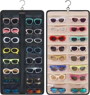 BAGSMART Hanging Jewelry Organizer, Dust Proof Sunglasses Storage Case Wall Mounted, Travel Dual Sided Glasses Case Multiple Pairs, Eyeglasses Holder with 32 Clear Slots & Metal Hook, Black