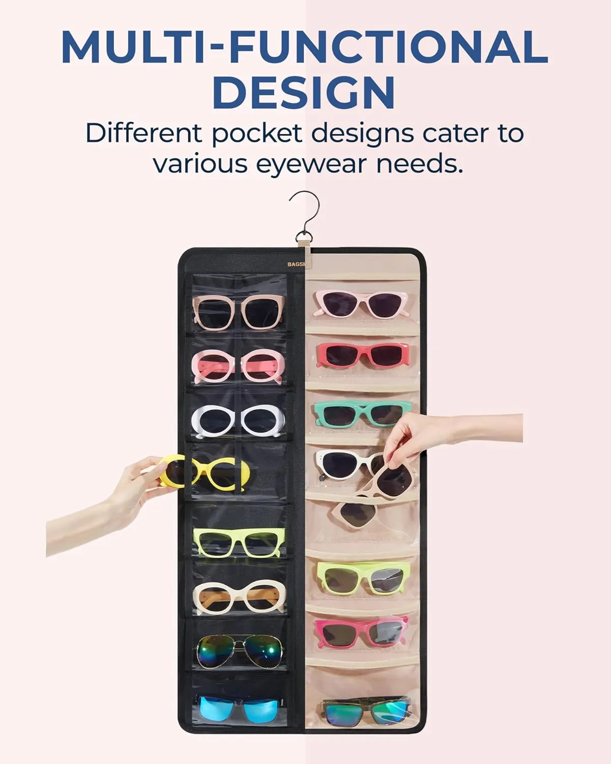 BAGSMART Hanging Jewelry Organizer, Dust Proof Sunglasses Storage Case Wall Mounted, Travel Dual Sided Glasses Case Multiple Pairs, Eyeglasses Holder with 32 Clear Slots & Metal Hook, Black