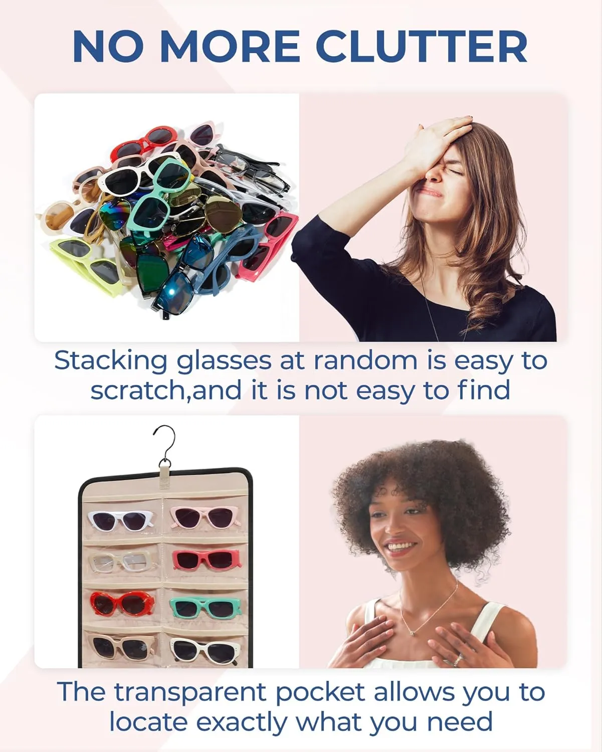 BAGSMART Hanging Jewelry Organizer, Dust Proof Sunglasses Storage Case Wall Mounted, Travel Dual Sided Glasses Case Multiple Pairs, Eyeglasses Holder with 32 Clear Slots & Metal Hook, Black