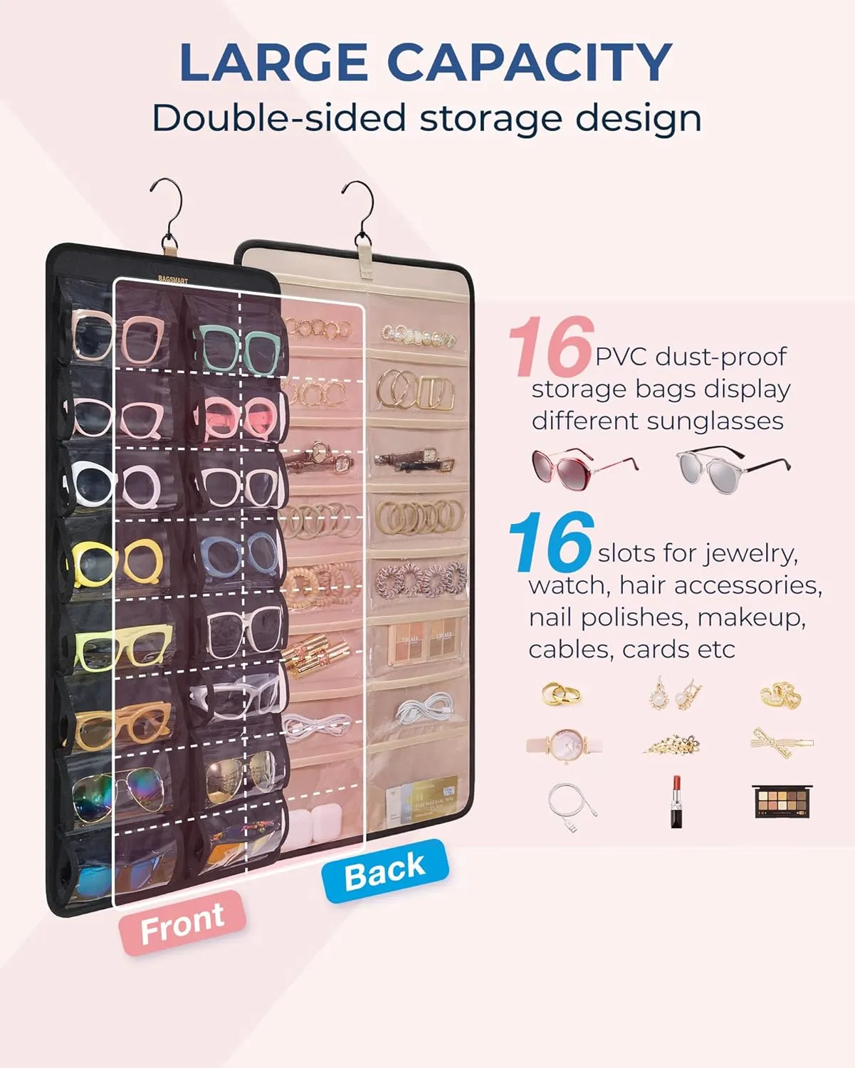 BAGSMART Hanging Jewelry Organizer, Dust Proof Sunglasses Storage Case Wall Mounted, Travel Dual Sided Glasses Case Multiple Pairs, Eyeglasses Holder with 32 Clear Slots & Metal Hook, Black