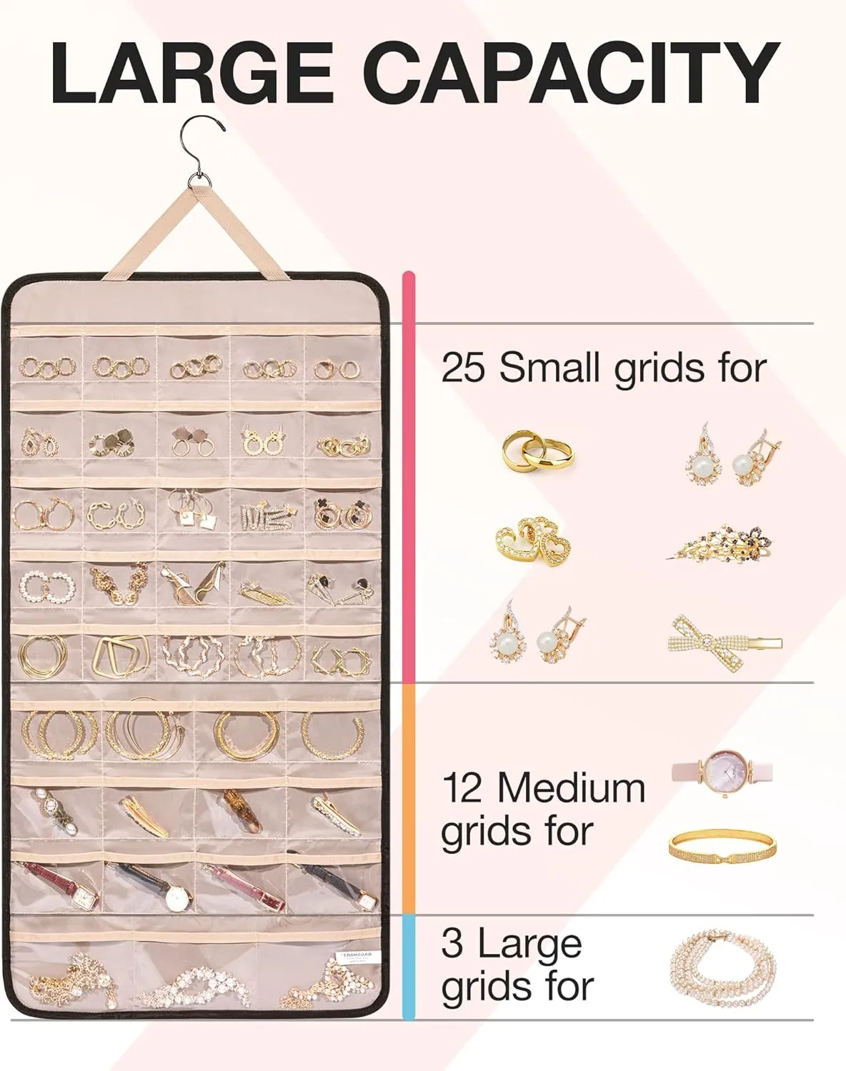 BAGSMART Hanging Jewelry Organizer Storage Roll with Hanger Metal Hooks Double-Sided Jewelry Holder for Earrings, Necklaces, Rings on Closet, Wall, Door, 1 piece, Extra Large, Black