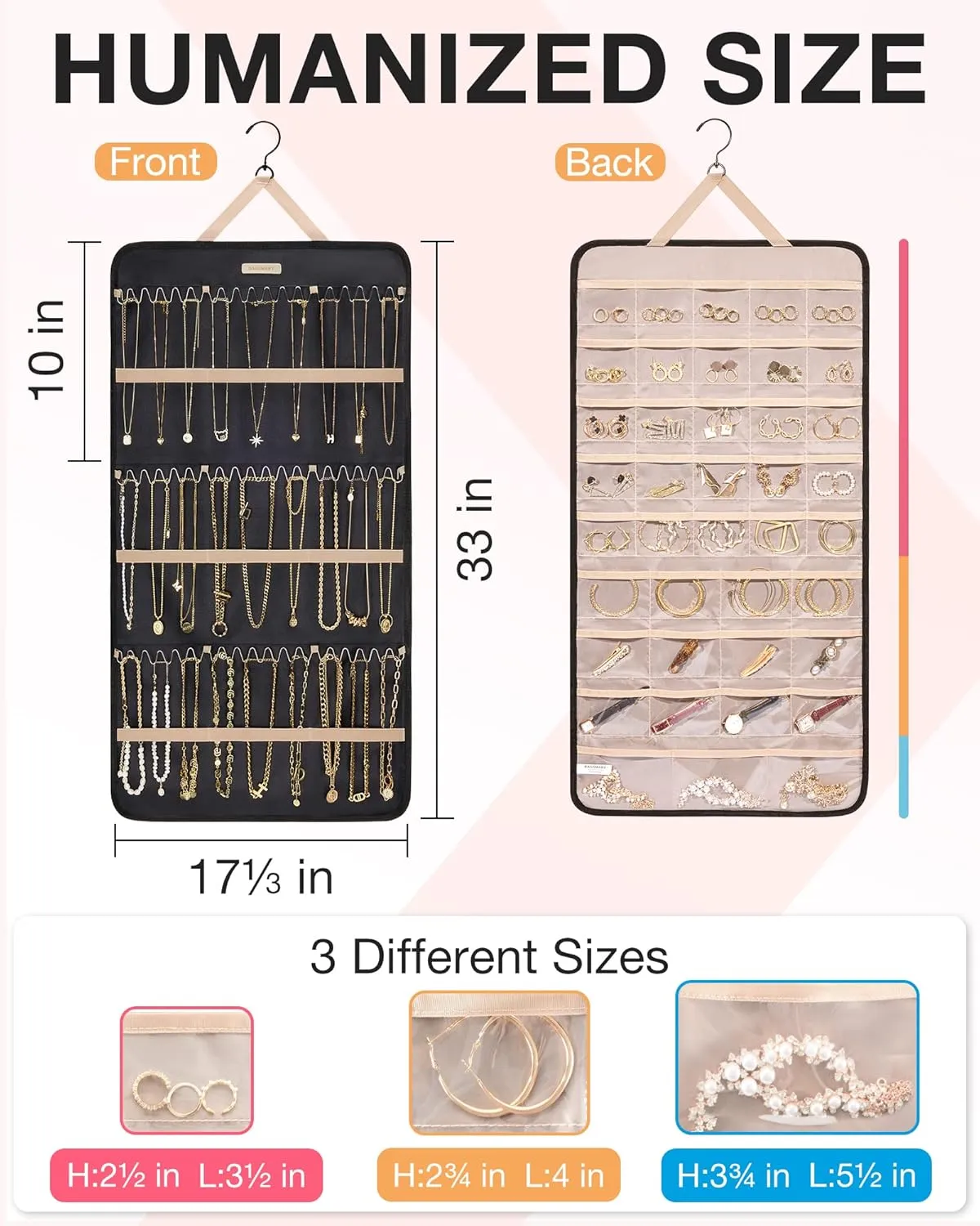 BAGSMART Hanging Jewelry Organizer Storage Roll with Hanger Metal Hooks Double-Sided Jewelry Holder for Earrings, Necklaces, Rings on Closet, Wall, Door, 1 piece, Extra Large, Black