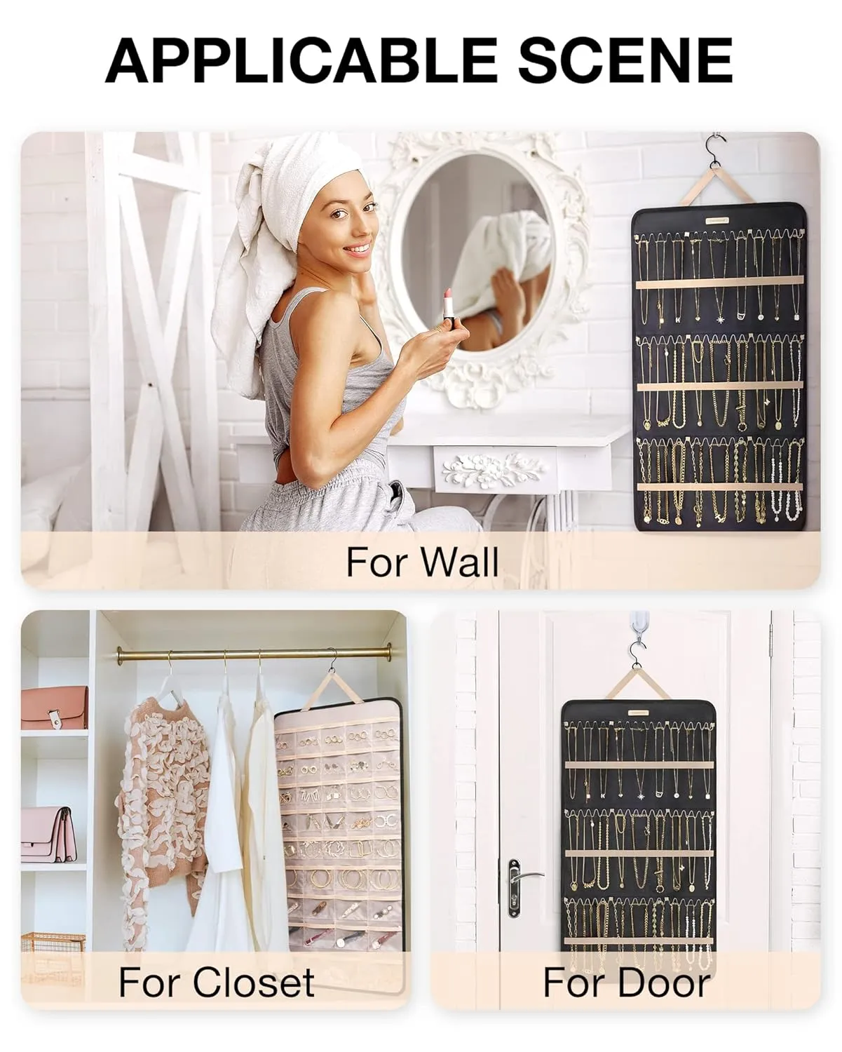 BAGSMART Hanging Jewelry Organizer Storage Roll with Hanger Metal Hooks Double-Sided Jewelry Holder for Earrings, Necklaces, Rings on Closet, Wall, Door, 1 piece, Extra Large, Black