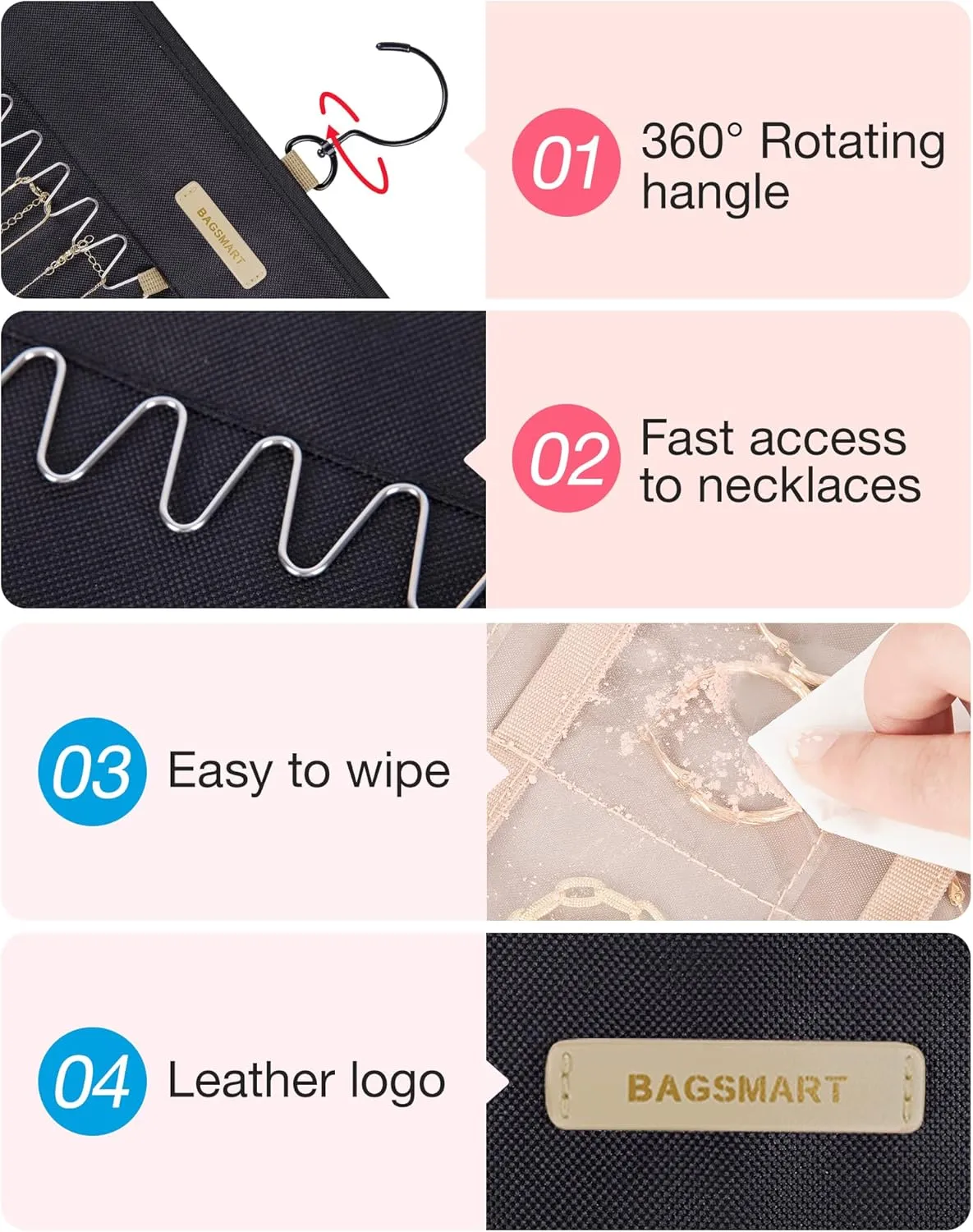 BAGSMART Hanging Jewelry Organizer Storage Roll with Hanger Metal Hooks Double-Sided Jewelry Holder for Earrings, Necklaces, Rings on Closet, Wall, Door, 1 piece, Extra Large, Black