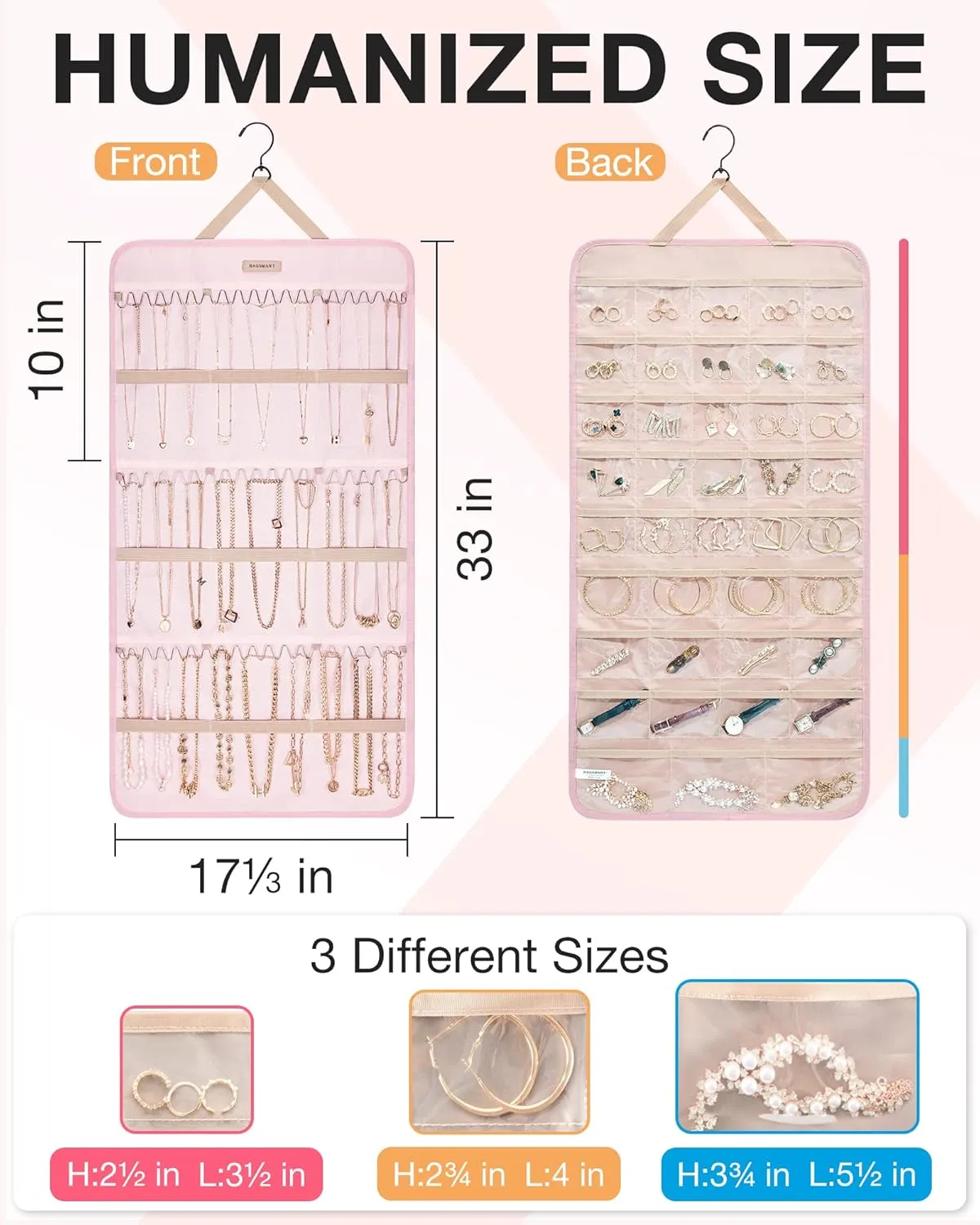 BAGSMART Hanging Jewelry Organizer Storage Roll with Hanger Metal Hooks Double-Sided Jewelry Holder for Earrings, Necklaces, Rings on Closet, Wall, Door, 1 piece, Extra Large, Pink