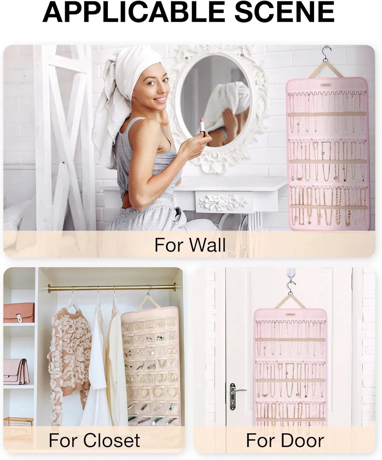 BAGSMART Hanging Jewelry Organizer Storage Roll with Hanger Metal Hooks Double-Sided Jewelry Holder for Earrings, Necklaces, Rings on Closet, Wall, Door, 1 piece, Extra Large, Pink