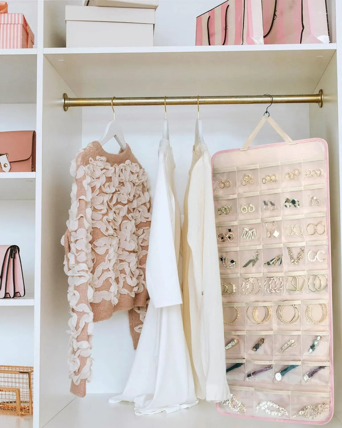 BAGSMART Hanging Jewelry Organizer Storage Roll with Hanger Metal Hooks Double-Sided Jewelry Holder for Earrings, Necklaces, Rings on Closet, Wall, Door, 1 piece, Extra Large, Pink