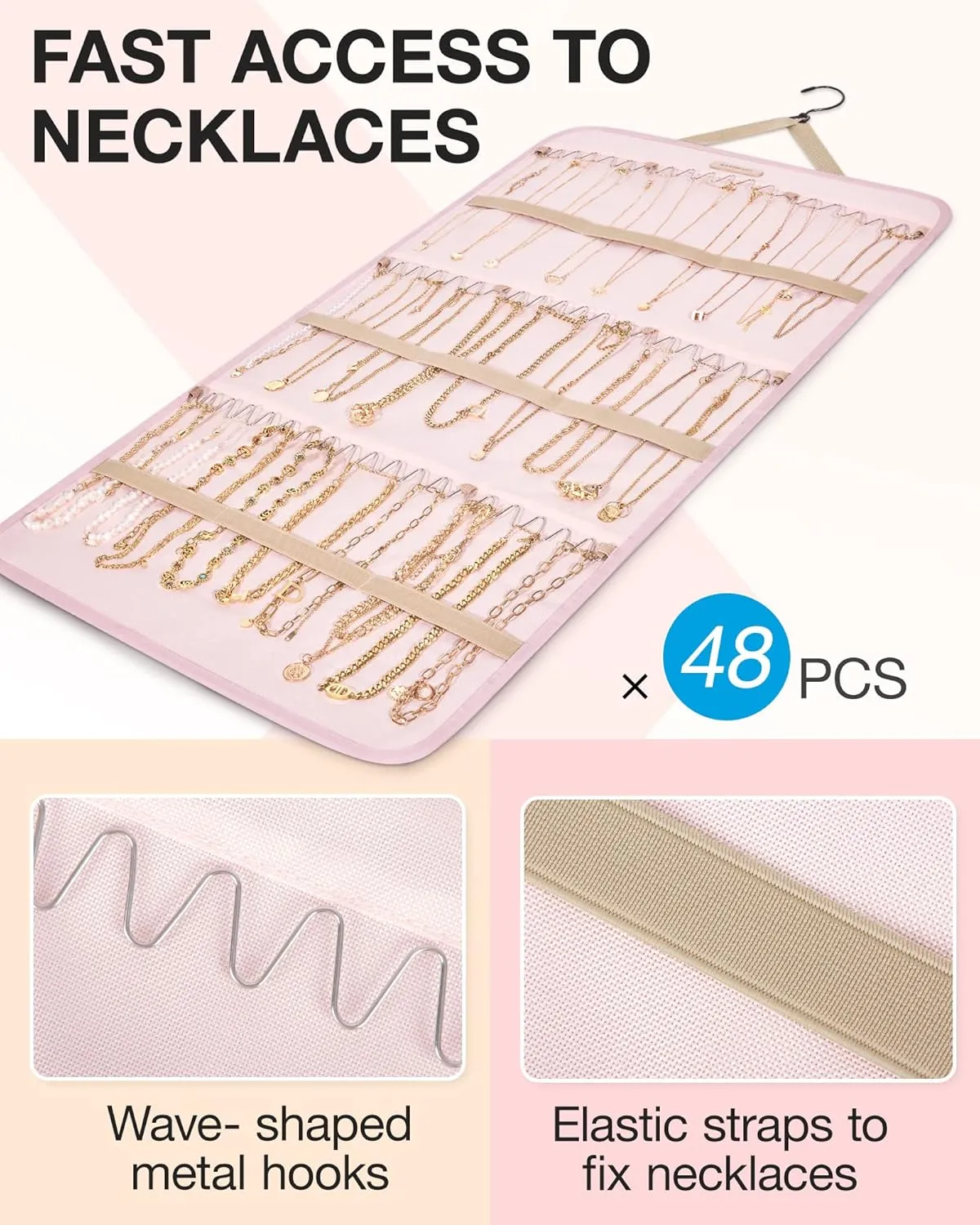BAGSMART Hanging Jewelry Organizer Storage Roll with Hanger Metal Hooks Double-Sided Jewelry Holder for Earrings, Necklaces, Rings on Closet, Wall, Door, 1 piece, Extra Large, Pink