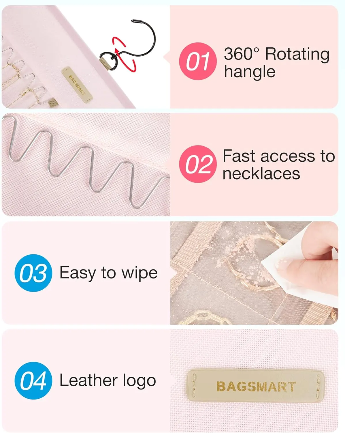 BAGSMART Hanging Jewelry Organizer Storage Roll with Hanger Metal Hooks Double-Sided Jewelry Holder for Earrings, Necklaces, Rings on Closet, Wall, Door, 1 piece, Extra Large, Pink