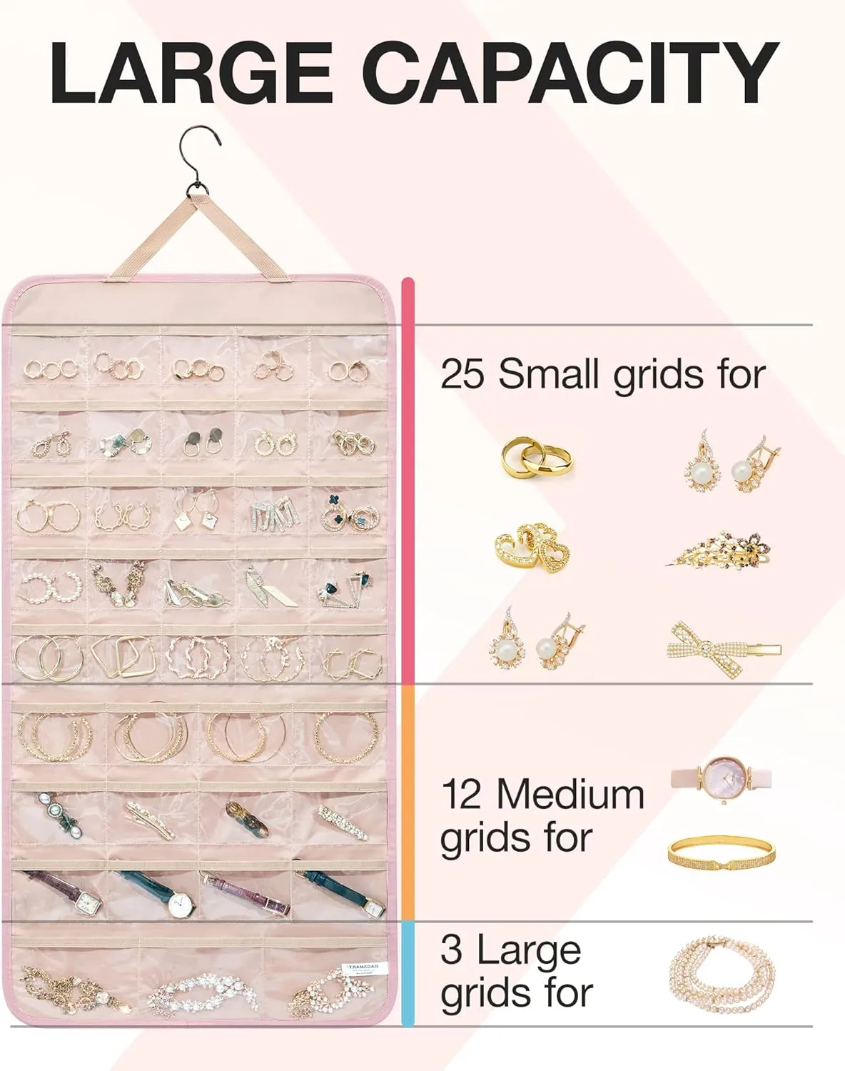 BAGSMART Hanging Jewelry Organizer Storage Roll with Hanger Metal Hooks Double-Sided Jewelry Holder for Earrings, Necklaces, Rings on Closet, Wall, Door, 1 piece, Extra Large, Pink