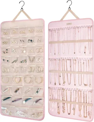 BAGSMART Hanging Jewelry Organizer Storage Roll with Hanger Metal Hooks Double-Sided Jewelry Holder for Earrings, Necklaces, Rings on Closet, Wall, Door, 1 piece, Extra Large, Pink