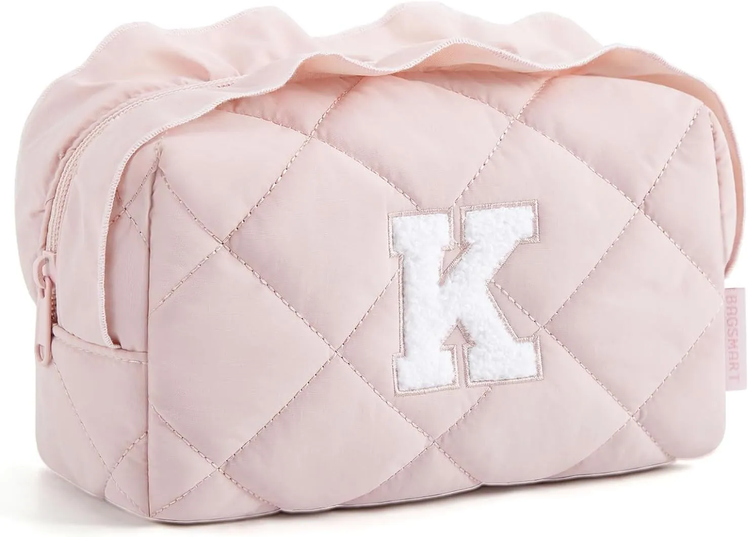 BAGSMART Small Makeup Bag, Travel Personalized Initial Cosmetic Bags for Women, Pink Makeup Pouch, Make up Organizer Case, Puffy Pouch Purse, Travel Essentials, Toiletries Accessories Brushes(K, Pink)