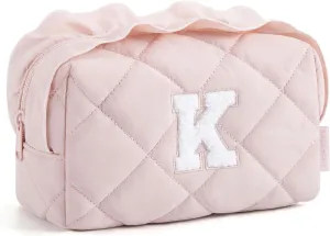 BAGSMART Small Makeup Bag, Travel Personalized Initial Cosmetic Bags for Women, Pink Makeup Pouch, Make up Organizer Case, Puffy Pouch Purse, Travel Essentials, Toiletries Accessories Brushes(K, Pink)