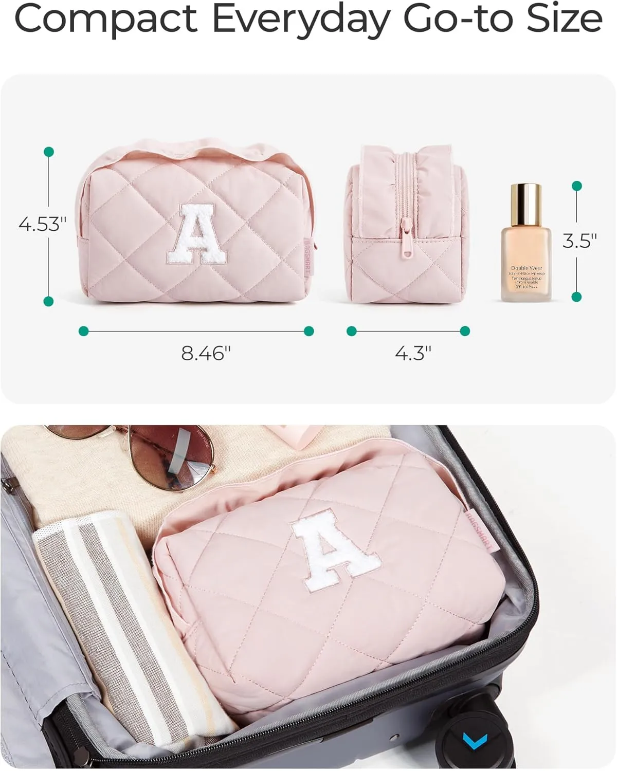 BAGSMART Small Makeup Bag, Travel Personalized Initial Cosmetic Bags for Women, Pink Makeup Pouch, Make up Organizer Case, Puffy Pouch Purse, Travel Essentials, Toiletries Accessories Brushes(K, Pink)