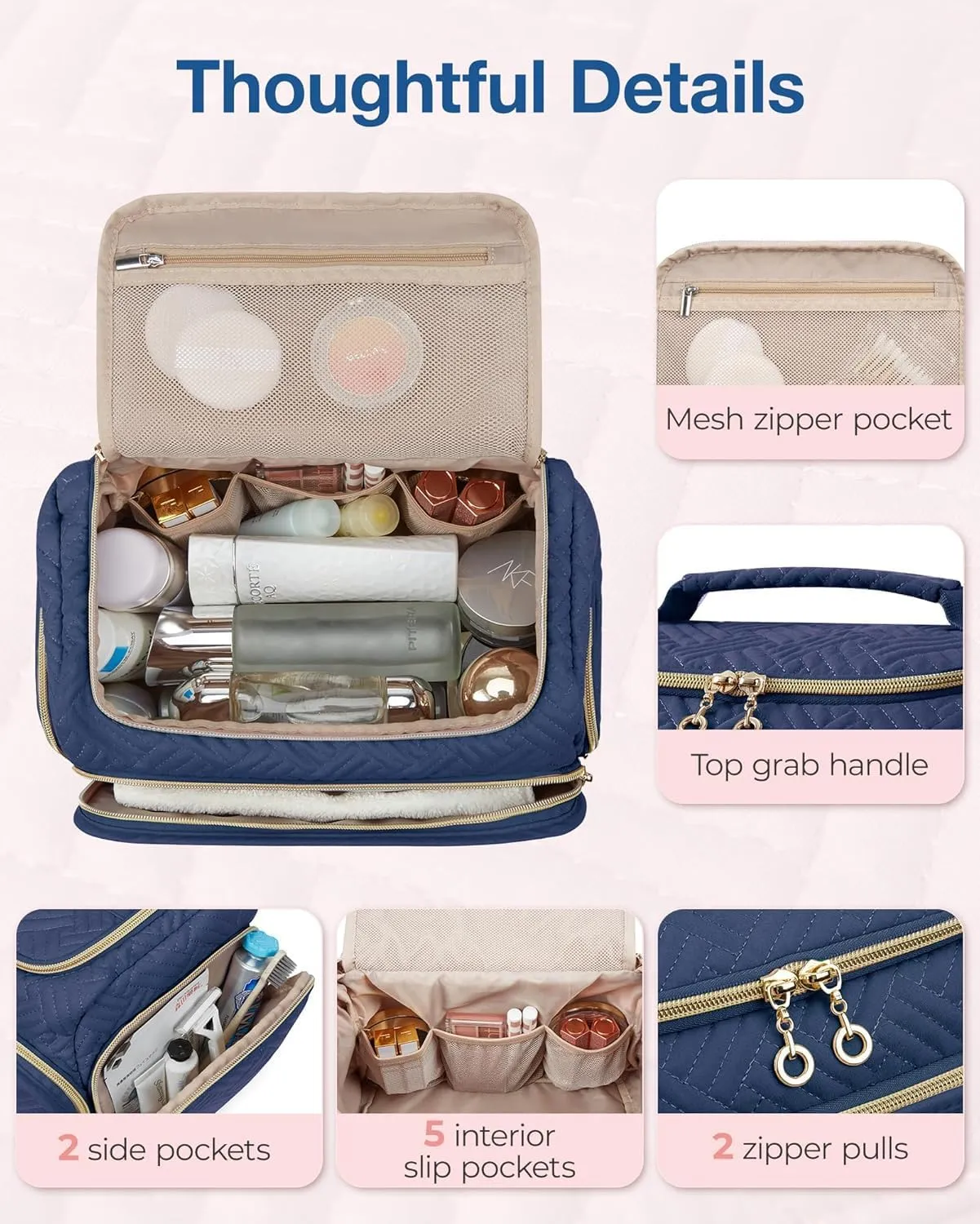 BAGSMART Travel Toiletry Bag, Large Wide-open Travel Bag for Toiletries, Makeup Cosmetic Travel Bag with Handle