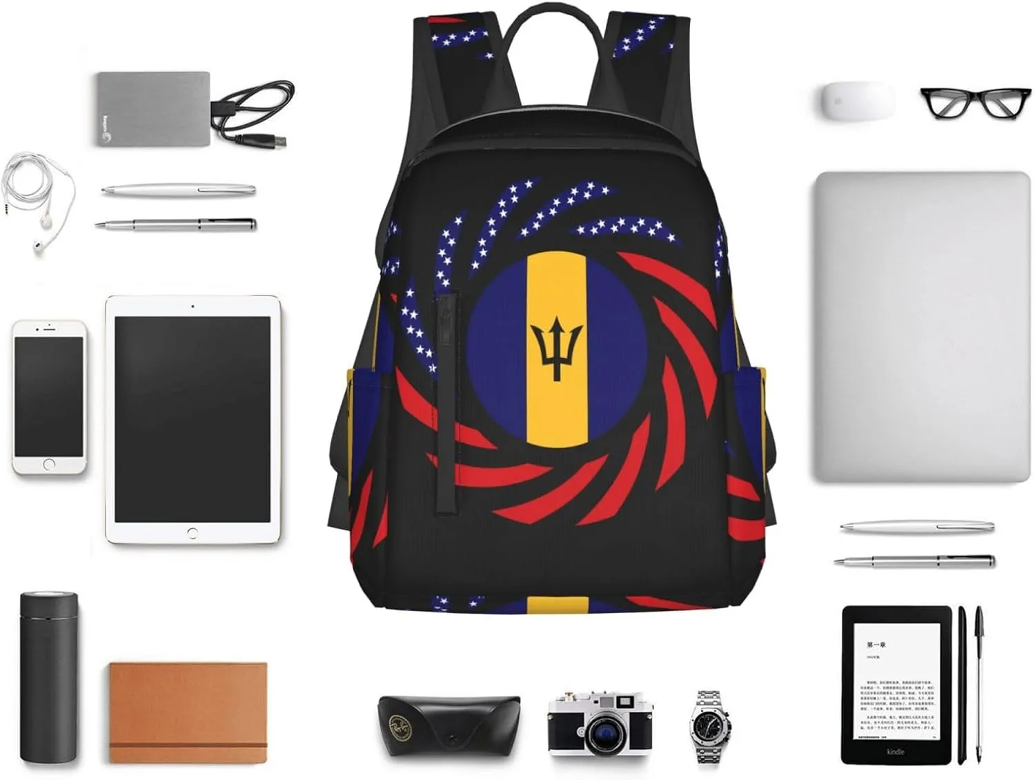 Barbadian American Flag Travel Backpacks Casual Laptop Backpack Sport Rucksack Large Capacity Daypack Multi-Pockets Adjustable Strap Bag for Working Hiking