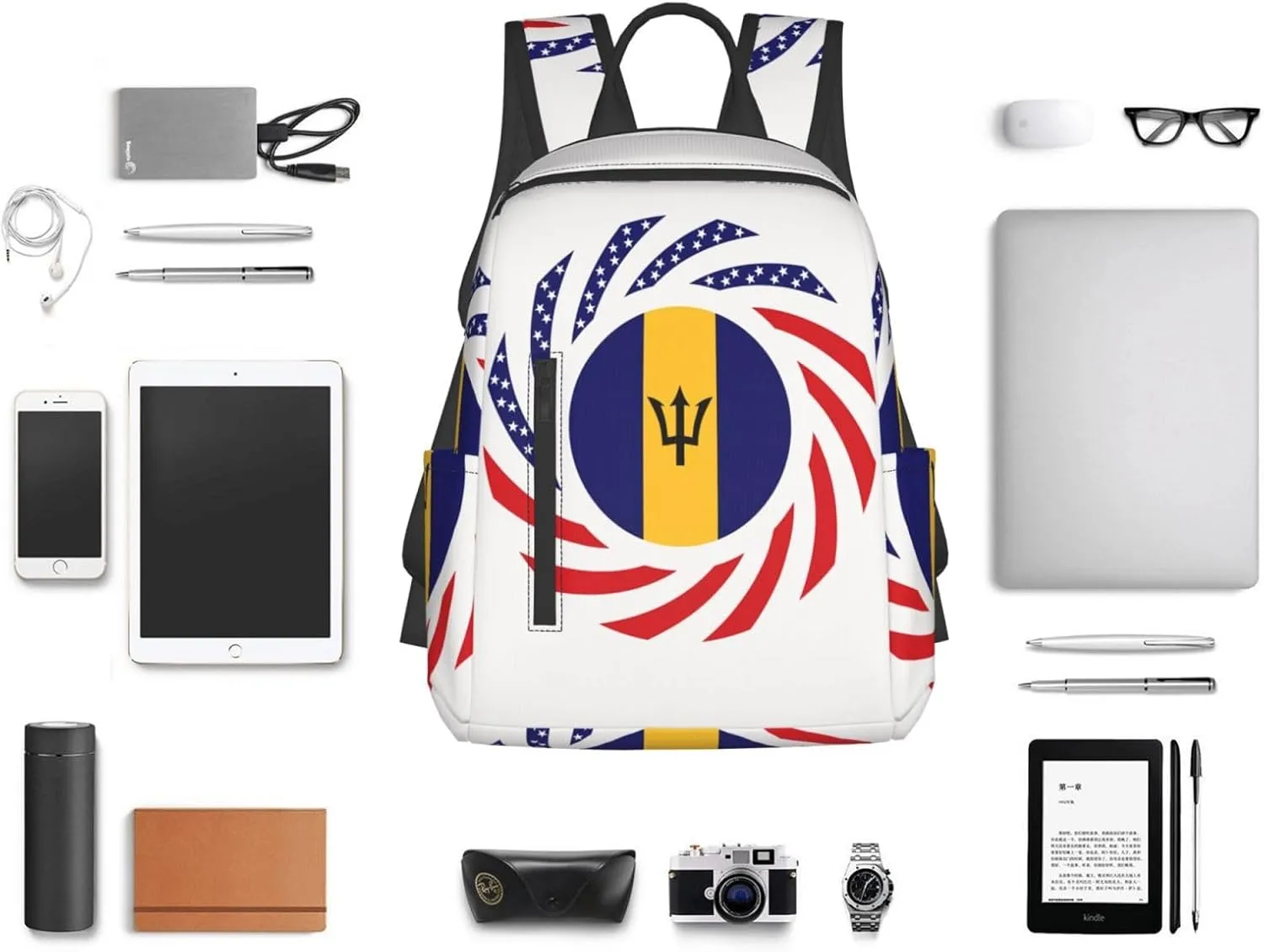 Barbadian American Flag Travel Backpacks Casual Laptop Backpack Sport Rucksack Large Capacity Daypack Multi-Pockets Adjustable Strap Bag for Working Hiking