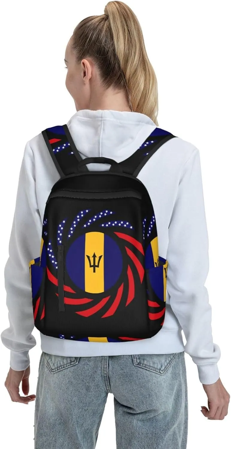 Barbadian American Flag Travel Backpacks Casual Laptop Backpack Sport Rucksack Large Capacity Daypack Multi-Pockets Adjustable Strap Bag for Working Hiking