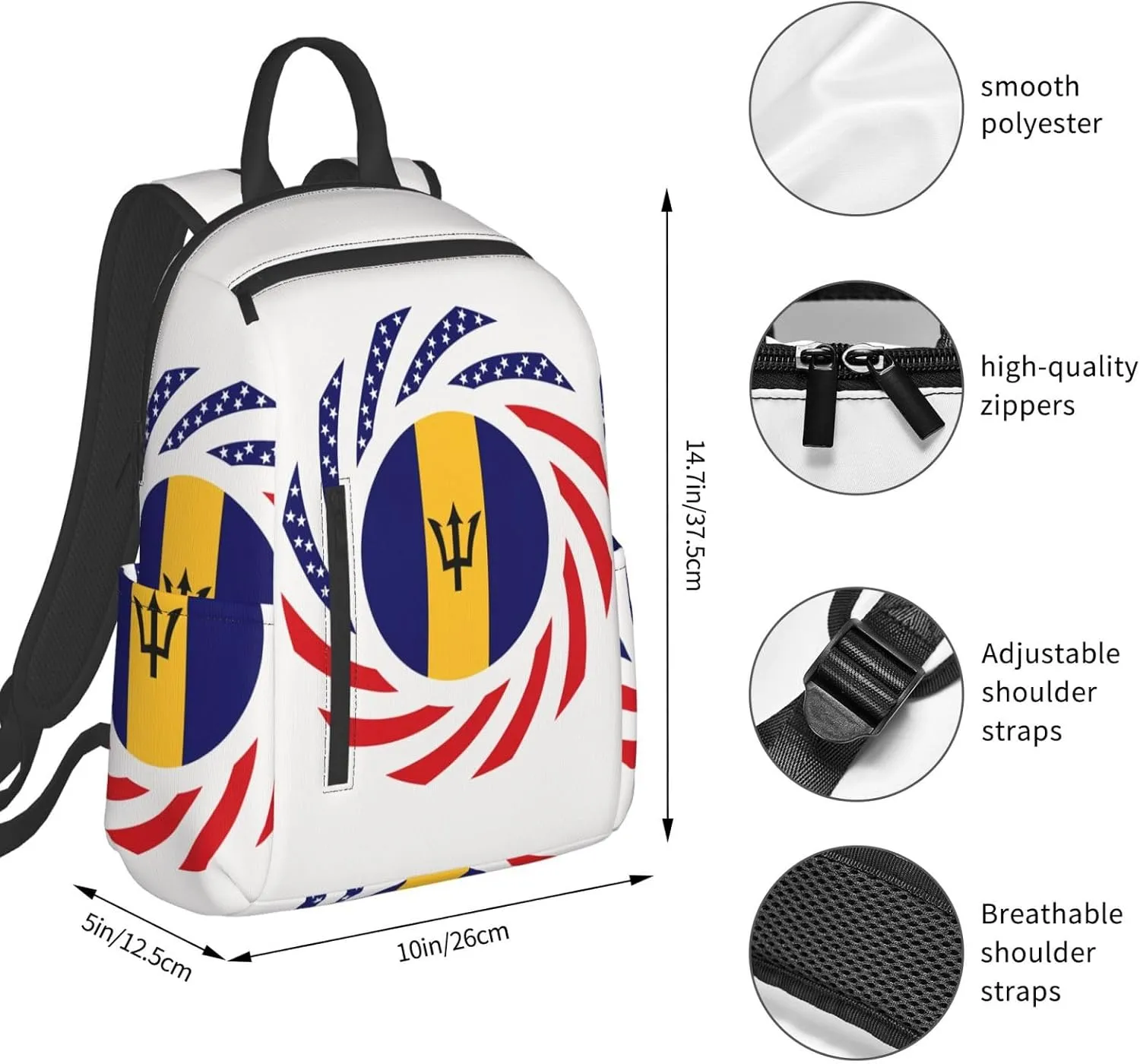 Barbadian American Flag Travel Backpacks Casual Laptop Backpack Sport Rucksack Large Capacity Daypack Multi-Pockets Adjustable Strap Bag for Working Hiking