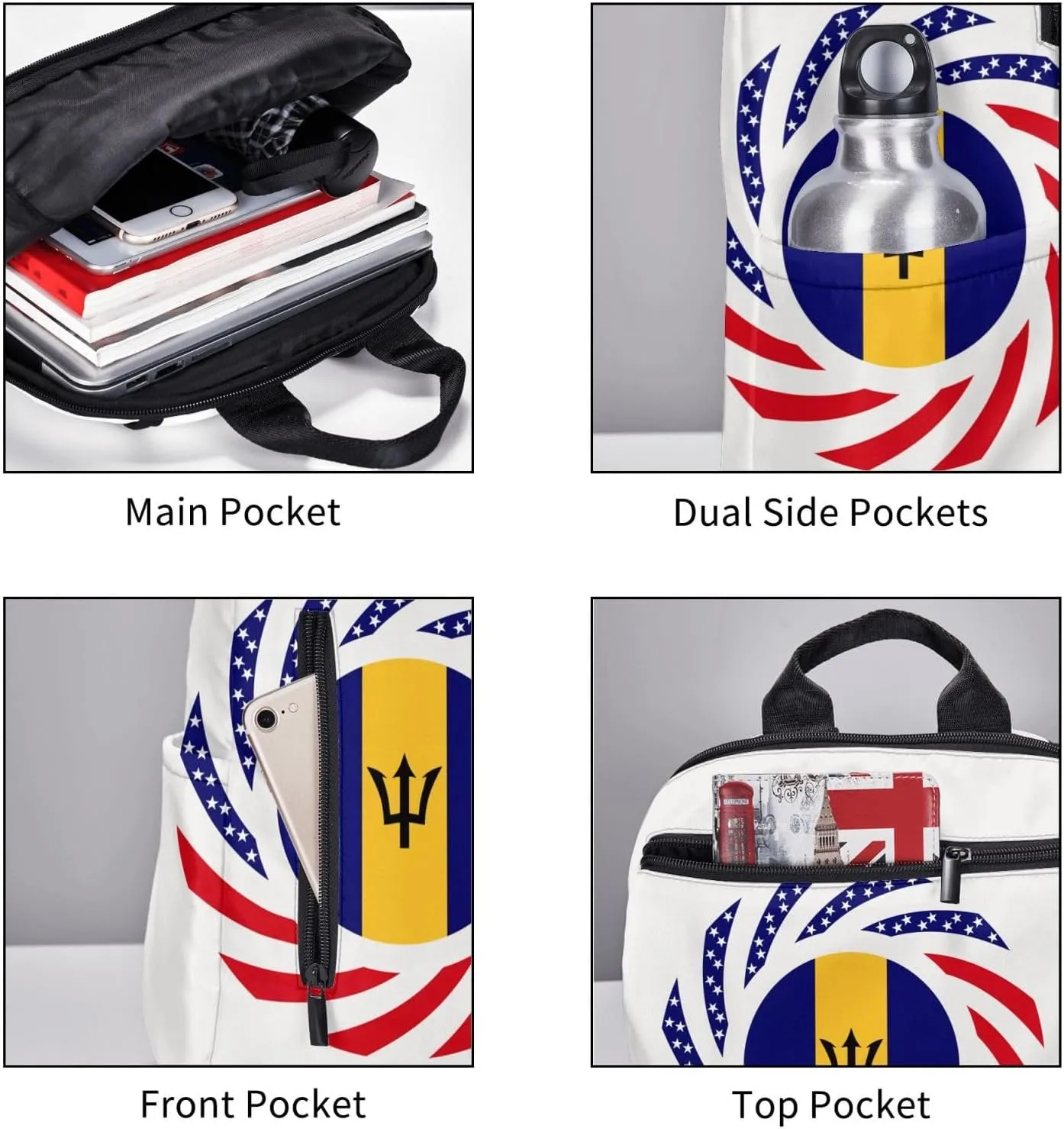 Barbadian American Flag Travel Backpacks Casual Laptop Backpack Sport Rucksack Large Capacity Daypack Multi-Pockets Adjustable Strap Bag for Working Hiking