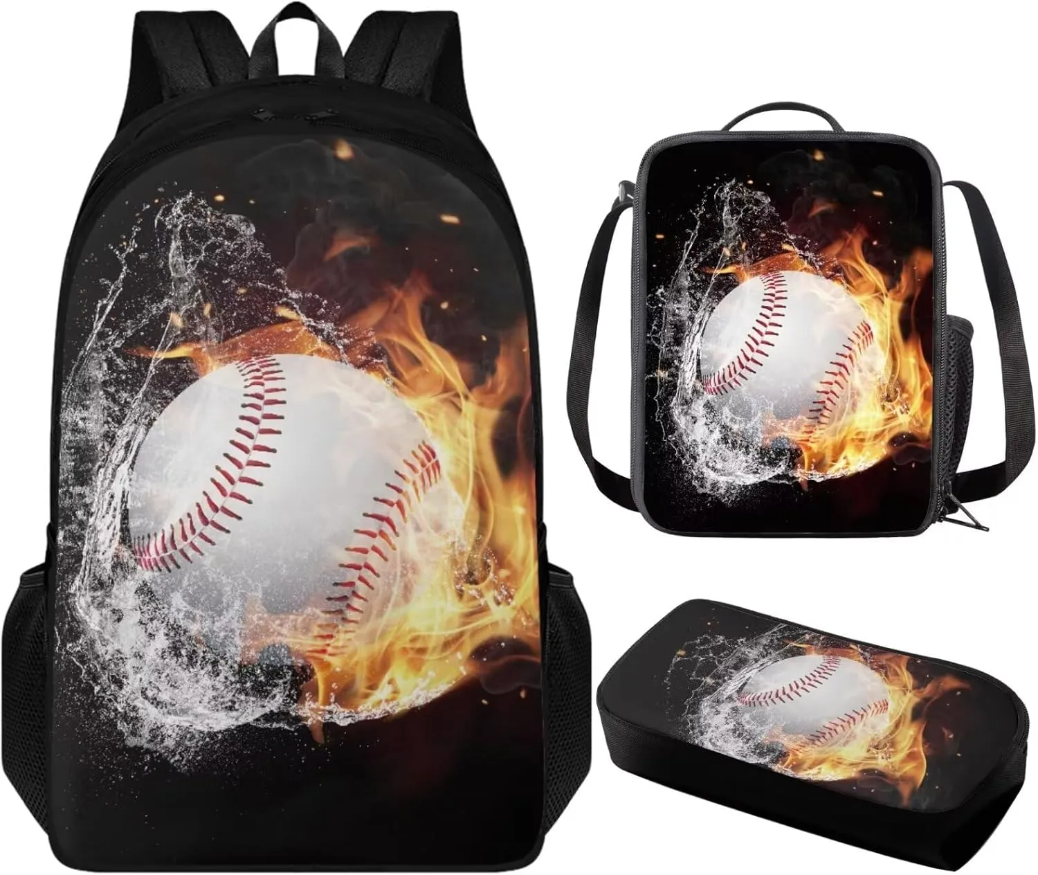 Baseball 17 inch Kids Backpacks Boys Student Children 3Pcs Bookbag Set with Lunch Box Pencil Case Cool School Bag for Teens 6-8 Years Old Primary Elementary Middle High School
