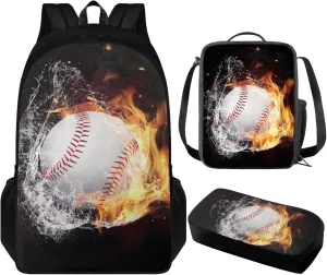 Baseball 17 inch Kids Backpacks Boys Student Children 3Pcs Bookbag Set with Lunch Box Pencil Case Cool School Bag for Teens 6-8 Years Old Primary Elementary Middle High School