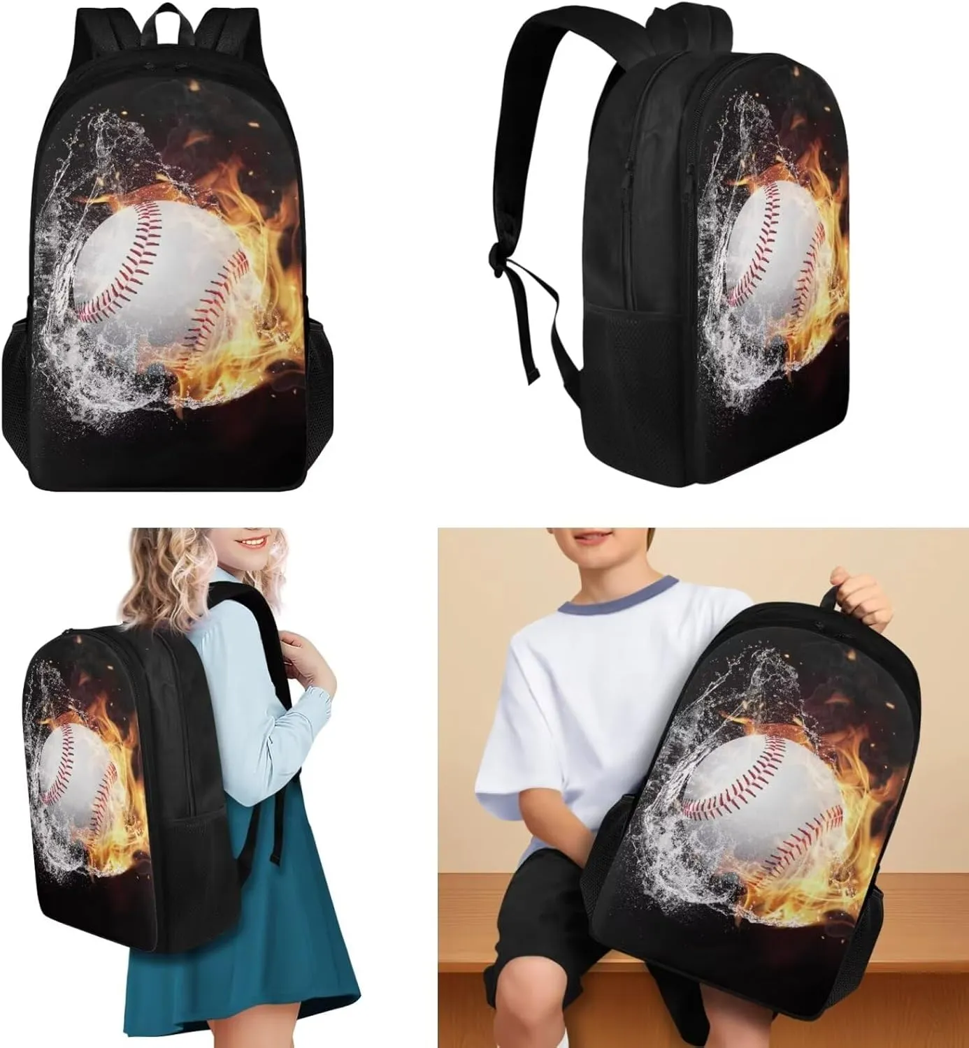 Baseball 17 inch Kids Backpacks Boys Student Children 3Pcs Bookbag Set with Lunch Box Pencil Case Cool School Bag for Teens 6-8 Years Old Primary Elementary Middle High School
