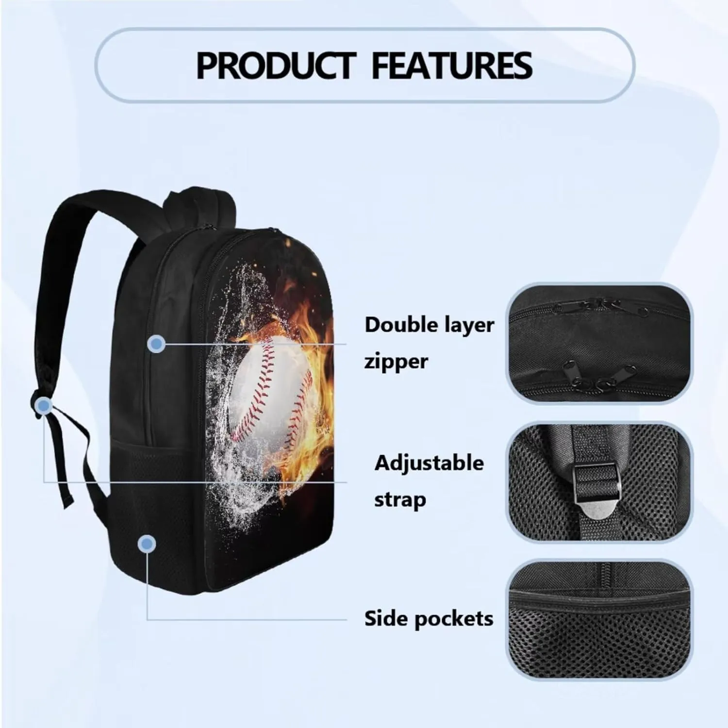 Baseball 17 inch Kids Backpacks Boys Student Children 3Pcs Bookbag Set with Lunch Box Pencil Case Cool School Bag for Teens 6-8 Years Old Primary Elementary Middle High School