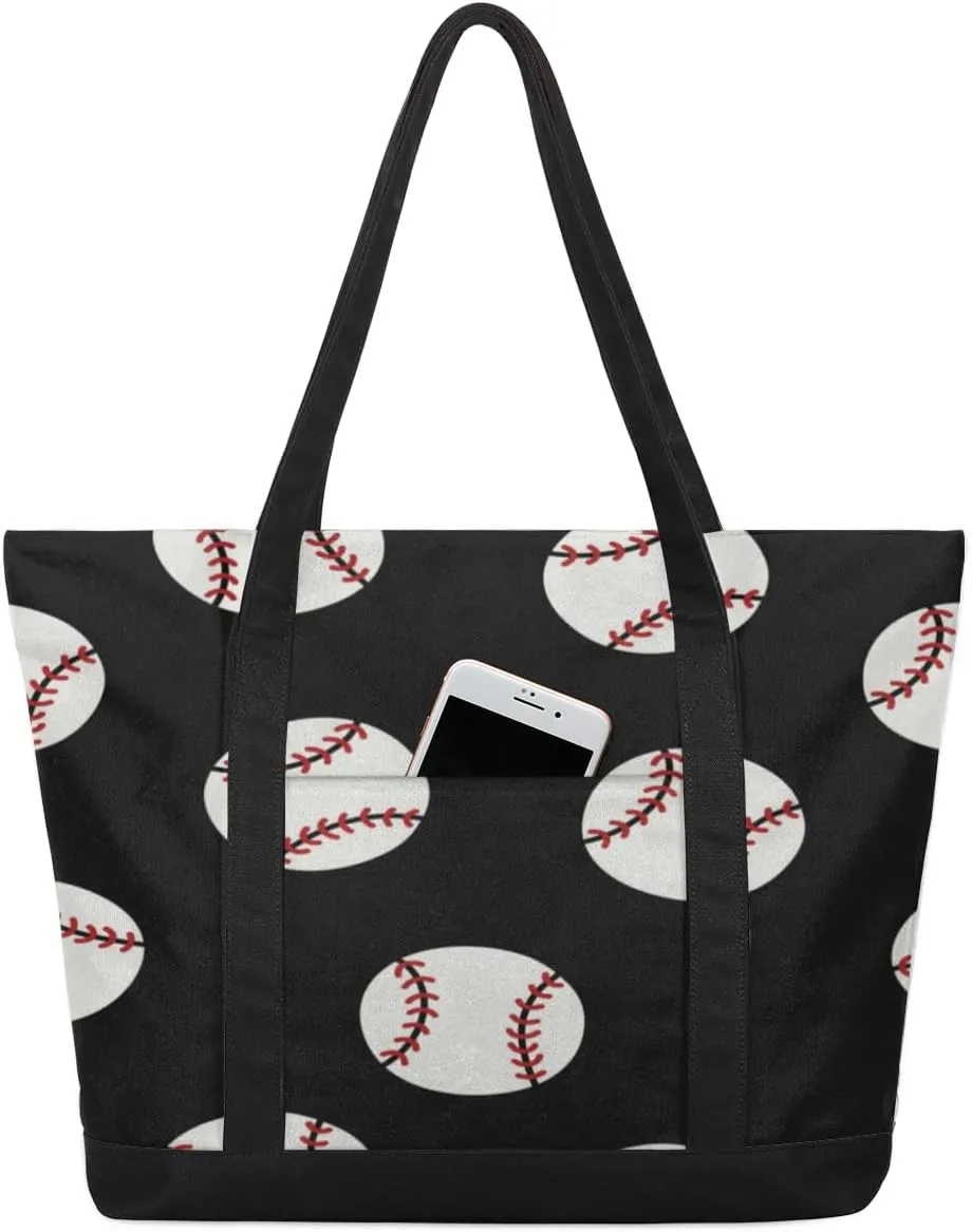 Baseball Ball Print Tote Bag Tote Bag for Women Reusable Grocery Shopping Cloth Bags with Zipper Large Capacity Foldable Handbag Gym Bag for Gift Activity